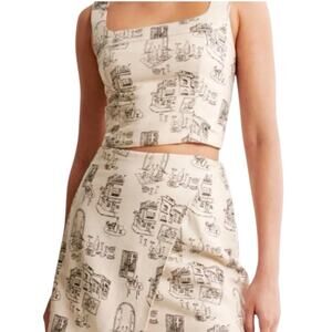 Abercrombie & Fitch Linen Blend White Parisian Print Square Neck Crop Top Medium